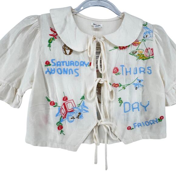 Urban Outfitters Kimchi Blue Embroidered Linen Cottagecore Crop Peter PanTop XS - Picture 6 of 8